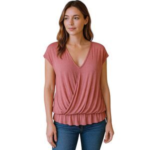 Anthropologie Saturday Sunday Rib Knit Top XS Dusky Pink Blush Ruffled Edges